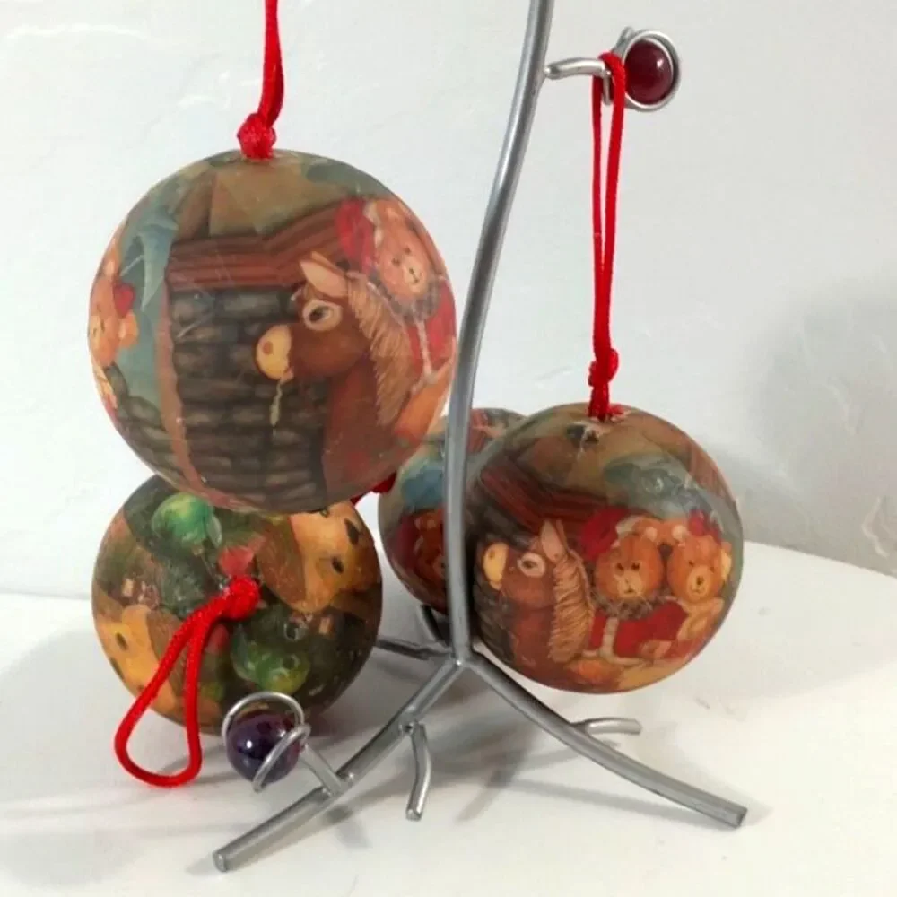 Vintage Plush Teddy Bear Christmas Ball Ornaments Set of 4